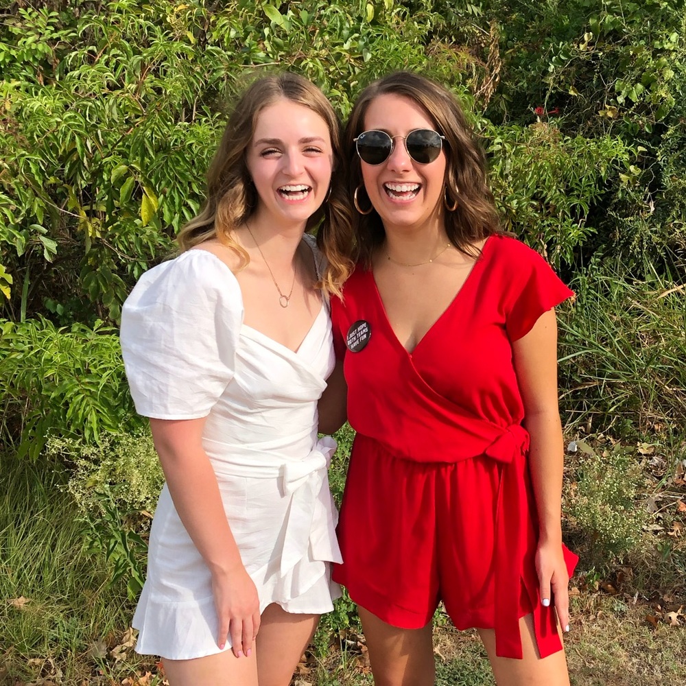 She and Sky Red and White Dresses